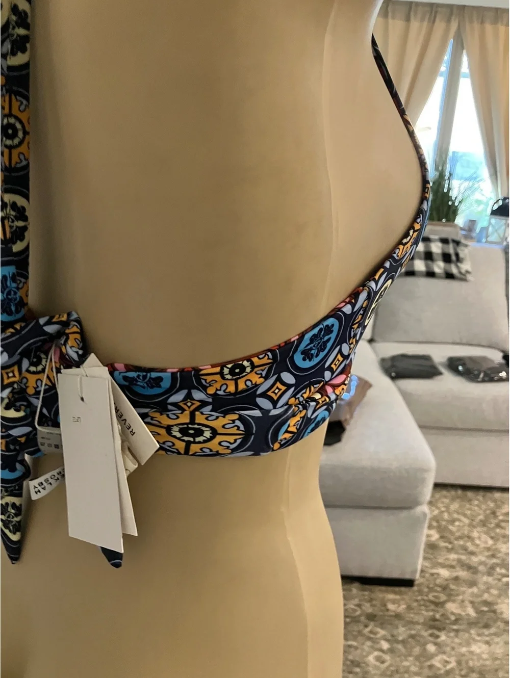 NWT Derek Lam 10 Crosby  Reversible Halter Bikini Top with Geometric Print
